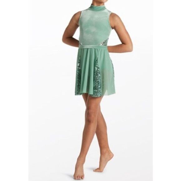 Weissman Sage Green Velvet Top OnePiece With Light Tulle Attached Skirt Women's - Picture 1 of 9